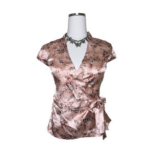 Y2K Xhilaration Pink Floral Satin V Neckline Mock Neck Tie Blouse Size Medium